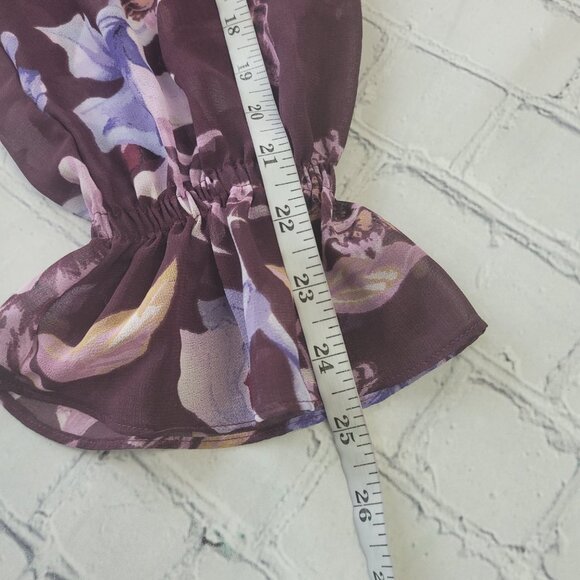 WHITE HOUSE BLACK MARKET BURGUNDY & PINK MULTICOLOR FLORAL RUFFLE BLOUSE size M - Picture 7 of 11